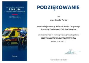 Podziękowanie za udzielone wsparcie w zabezpieczeniu przejazdu podczas I Zlotu Motocyklowego Medyków