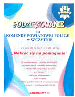 Podziękowanie dla Komendy Powiatowej Policji w Szczytnie